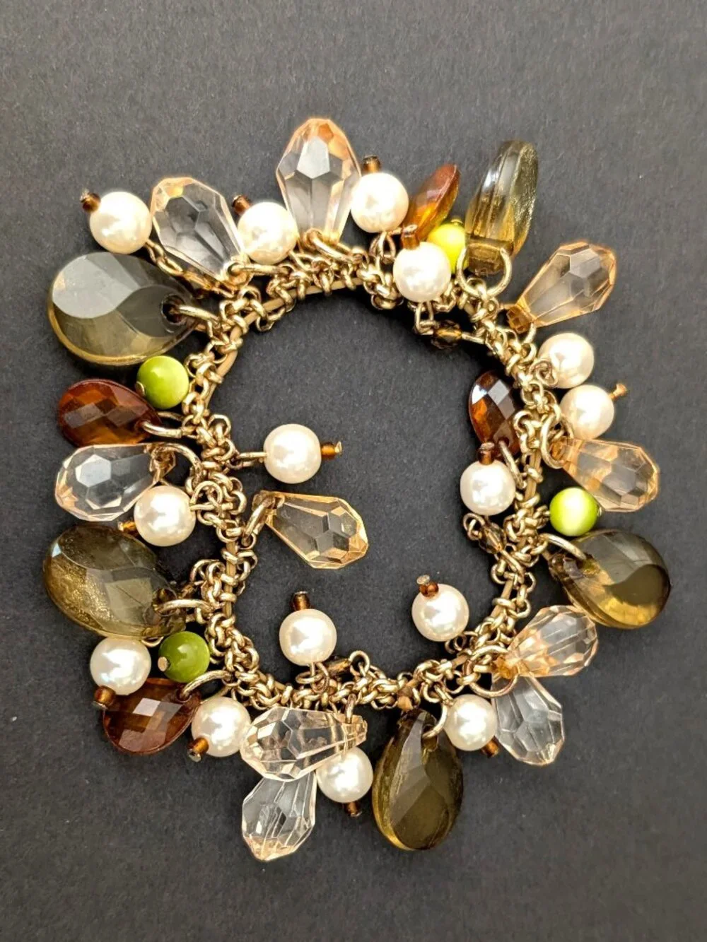 Pale green, orange, faux pearl stretch bracelet
